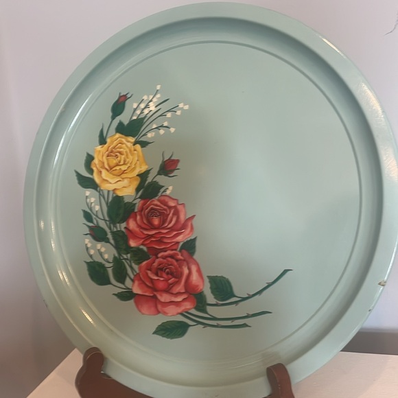 Vintage bluish green metal round tray - Picture 2 of 2